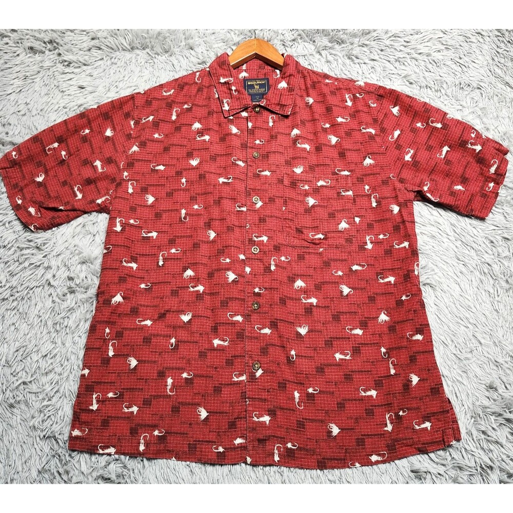 Woolrich Shirt Mens Medium Red Fishing Lure Print Camp Button Up Casual Outdoors